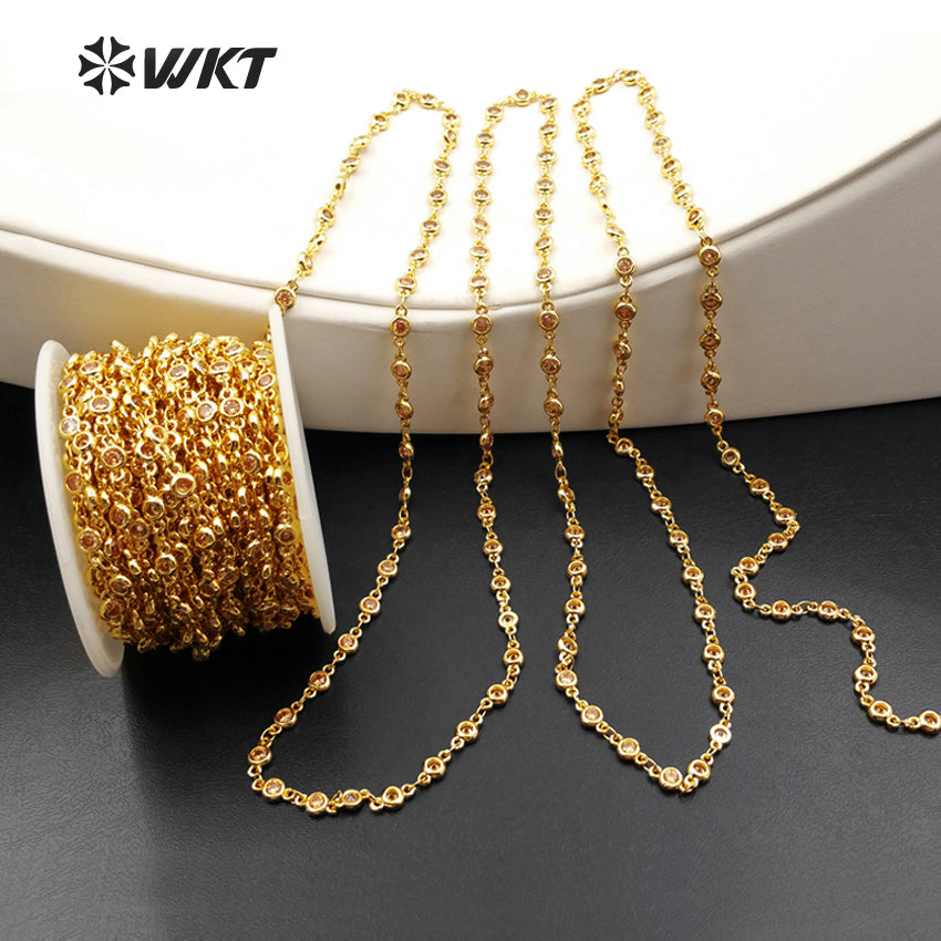 WT-BC090 Wholesale Hot Sale High Quality 24K Real Gold Plated Brass Chain with Generous Round CZ for Necklace Making