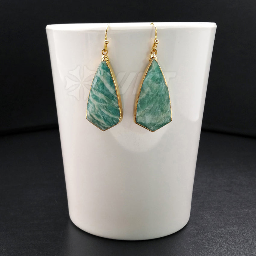 WT-E343 Wholesale New Arrival High Quality Earrings Natural Amazonit Stone Ocean Blue Natural Texture 15*30mm 24K Gold Plated