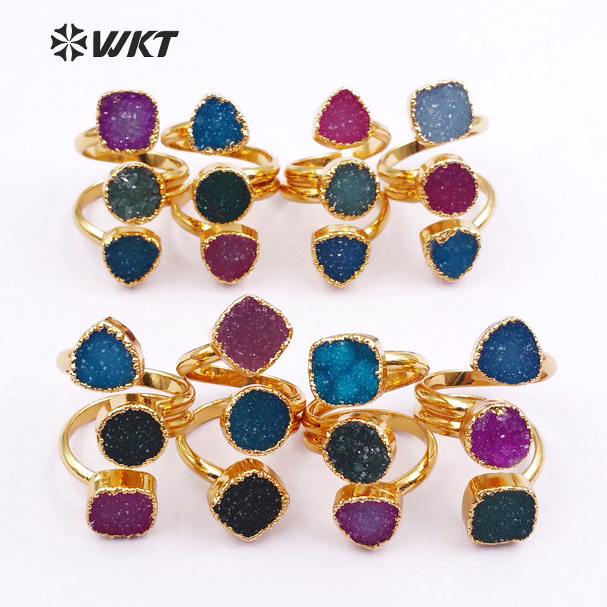 WT-R120 Wholesale Gorgeous Natural Triple Druzy Agate Ring, Geometric Shape 24k Gold Plated Triple Stone Druzy Ring