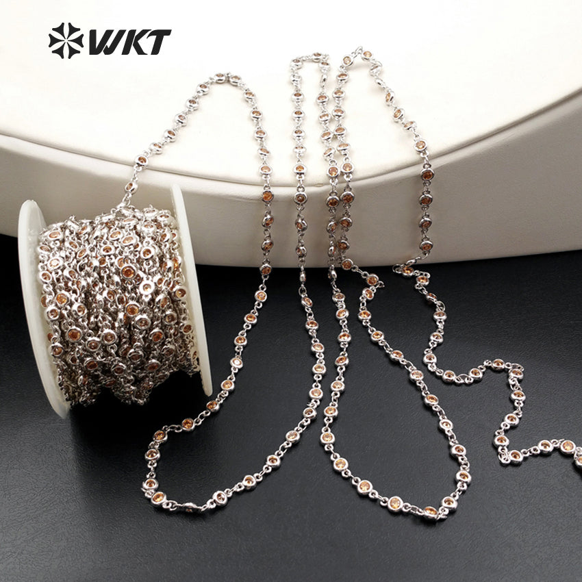 WT-BC089 Wholesale High Quality 24K Silver Plated Brass Chain With Generous Round CZ for Necklace Naking