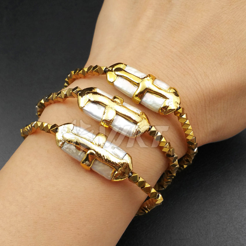 WT-B364 Wholesale Hot Sale Blingbling Hematite Beads Bracelet Natural Pearl With 24K Real Gold Cross Bracelet Generous Chic