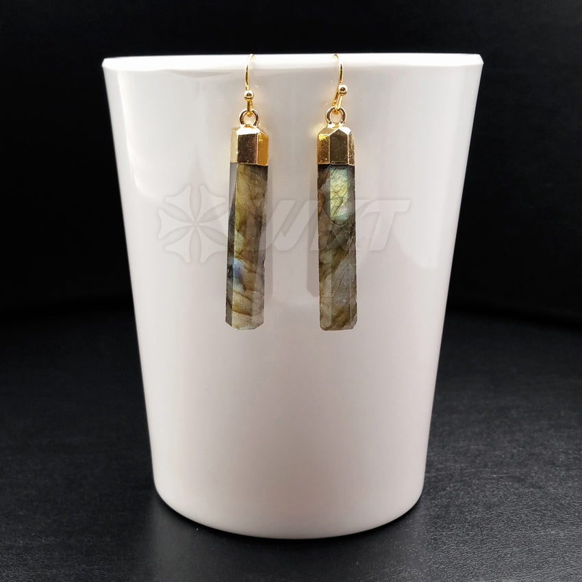 WT-E353 Wholesale Simple Stick Design Natural Labradorite Earrings, Raw Fashion Gold Terminated Stone Labradorite Earrings