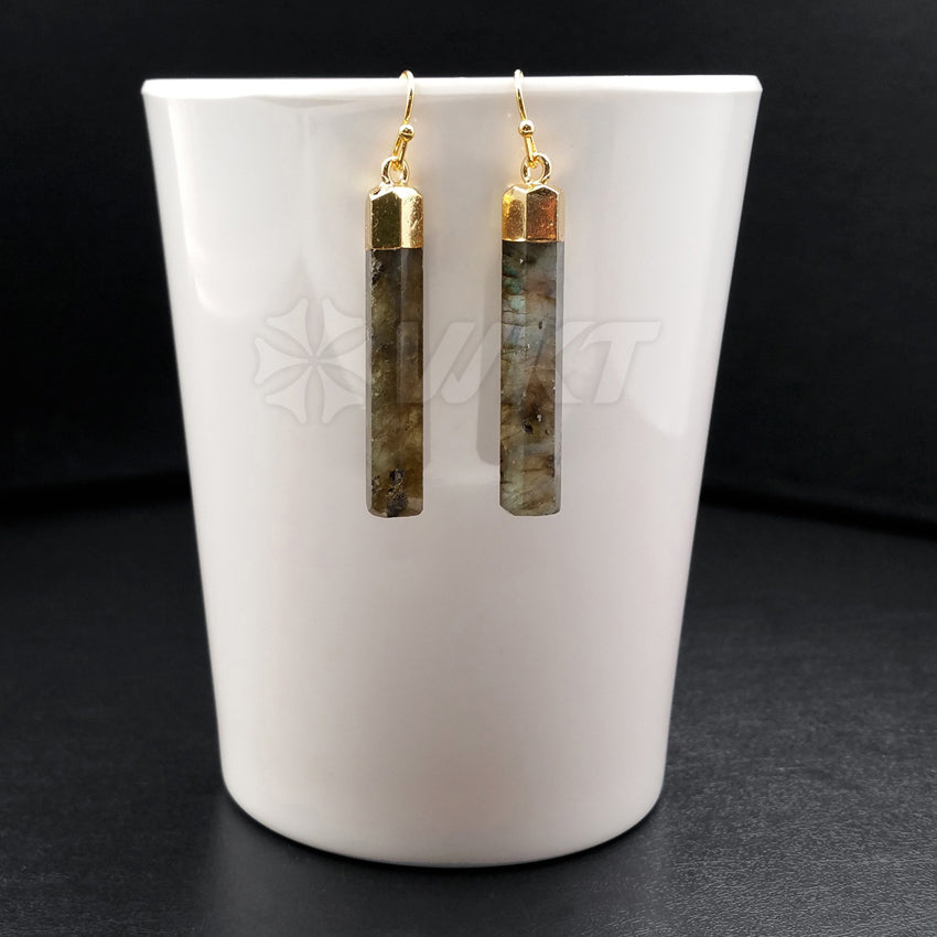 WT-E353 Wholesale Simple Stick Design Natural Labradorite Earrings, Raw Fashion Gold Terminated Stone Labradorite Earrings