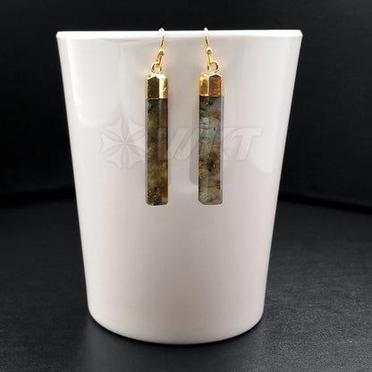 WT-E353 Wholesale Simple Stick Design Natural Labradorite Earrings, Raw Fashion Gold Terminated Stone Labradorite Earrings