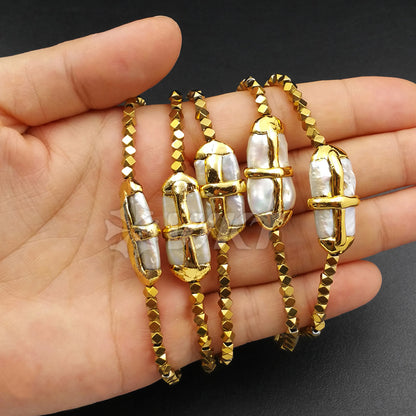 WT-B364 Wholesale Hot Sale Blingbling Hematite Beads Bracelet Natural Pearl With 24K Real Gold Cross Bracelet Generous Chic