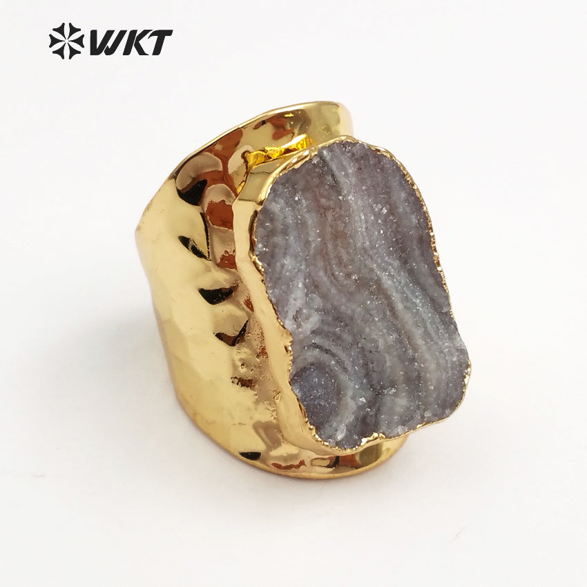 WT-R207 Wholesale Fashion Trendy Natural Druzy Stone Cigar Rings 24k Gold Electroplated Druzy Stone Rings