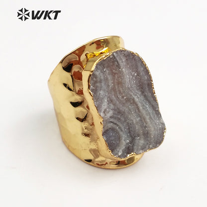 WT-R207 Wholesale Fashion Trendy Natural Druzy Stone Cigar Rings 24k Gold Electroplated Druzy Stone Rings