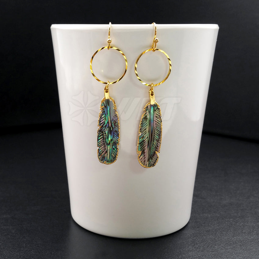 WT-E375 WKT Wholesale New Fashion Style Genuine Abalone Shell Earrings Feather Shape Shell Dangle Earrings
