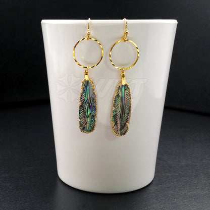 WT-E375 WKT Wholesale New Fashion Style Genuine Abalone Shell Earrings Feather Shape Shell Dangle Earrings