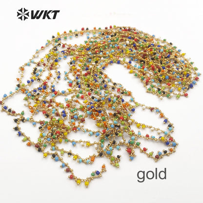 WT-RBC059 for Women Stylish Jewelry Multi Colors Random Bead in Gold or Silver Electroplated Wire Wrapped Tiny Bead Rosary Chain