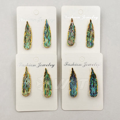 WT-E355 Amazing Hand Carved Natural Abalone Feather Studs Earrings, 24k Gold Trim Shell Feather Studs Earring