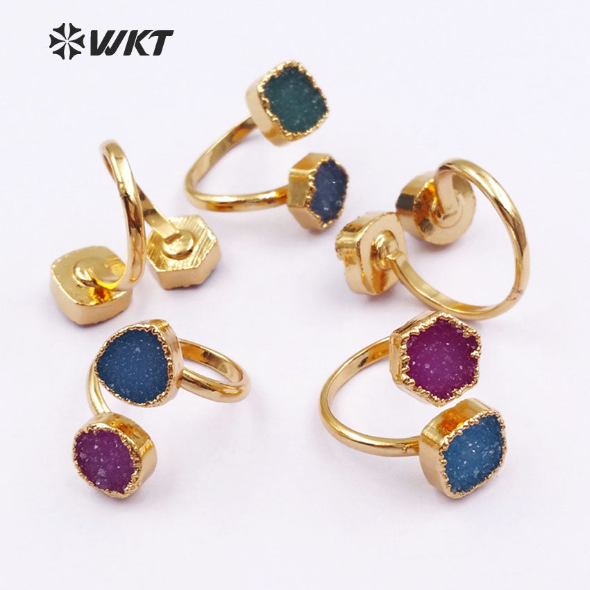 WT-R119 Adjustable Gold Stone Ring, Double Druzy Geode Ring, Druzy Jewelry Gold Plated Ring Two Stones Ring