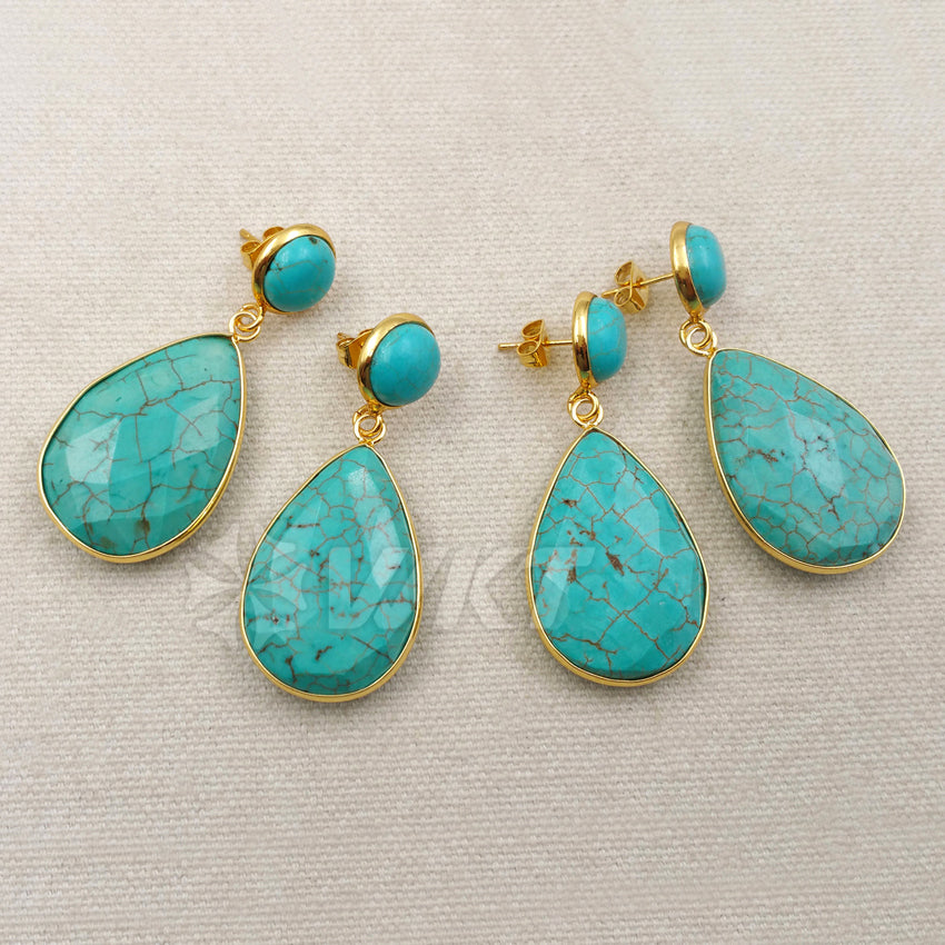 WT-E385 WKT Wholesale New Generous Real Gold Plated Dangle Earrings Teardrop Shape Green Turquoise Dangle Earrings