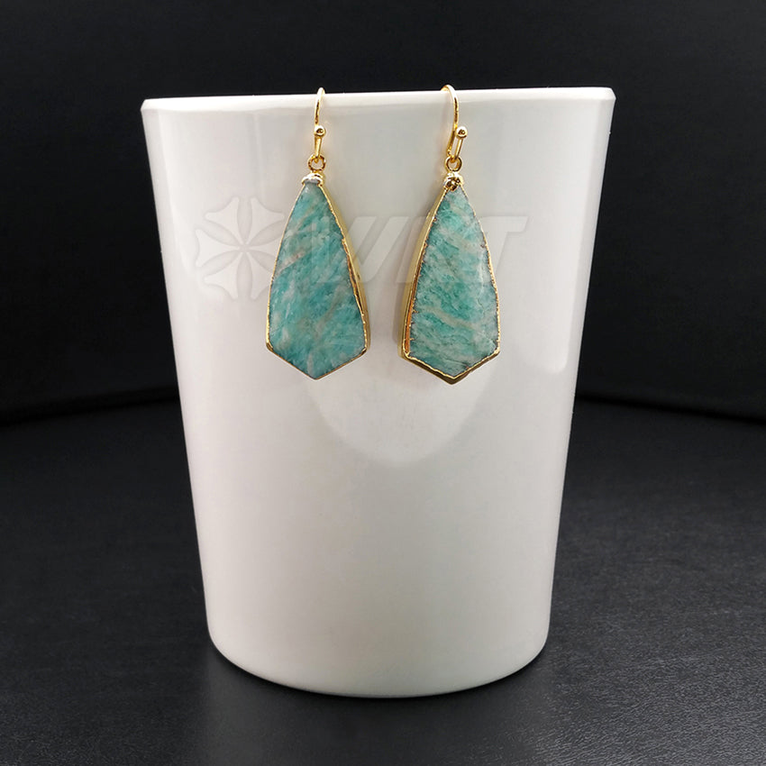 WT-E343 Wholesale New Arrival High Quality Earrings Natural Amazonit Stone Ocean Blue Natural Texture 15*30mm 24K Gold Plated