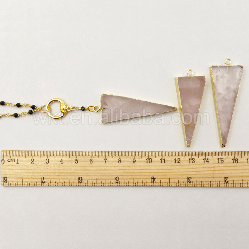WT-N957 WKT Wholesale Hot Sale Natural Triangle Pink Quartz Necklace High Quality Crystal With Black Beads Chain for Gift