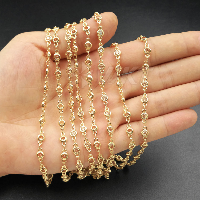 WT-BC090 Wholesale Hot Sale High Quality 24K Real Gold Plated Brass Chain with Generous Round CZ for Necklace Making