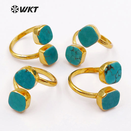 WT-R103 New! Fashion Design Double Turquoise Ring in 24k Real Gold Plated, Green Turquoise Stone Ring