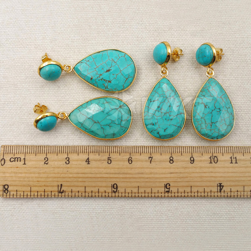 WT-E385 WKT Wholesale New Generous Real Gold Plated Dangle Earrings Teardrop Shape Green Turquoise Dangle Earrings