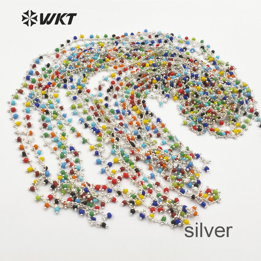 WT-RBC059 for Women Stylish Jewelry Multi Colors Random Bead in Gold or Silver Electroplated Wire Wrapped Tiny Bead Rosary Chain