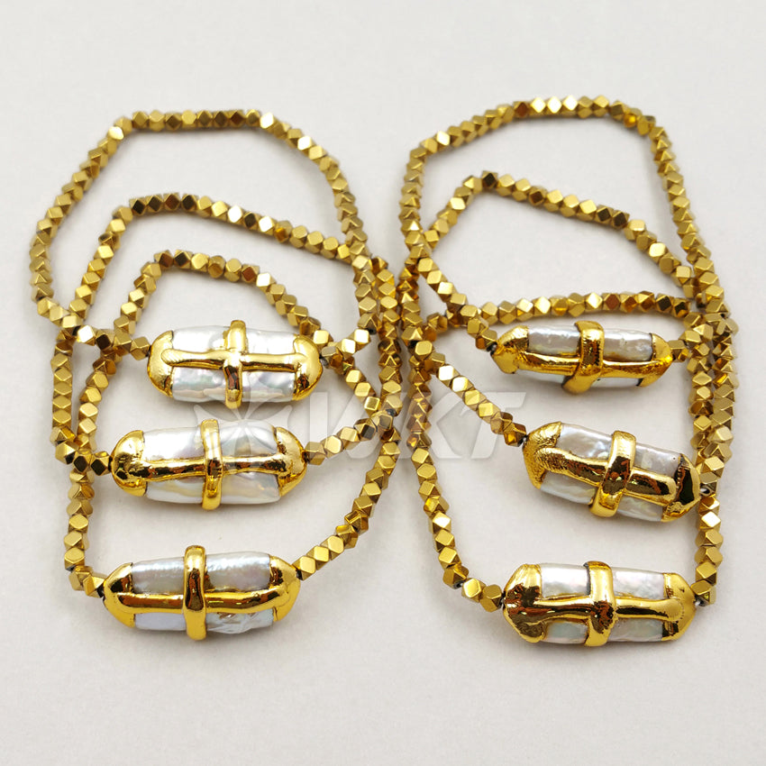 WT-B364 Wholesale Hot Sale Blingbling Hematite Beads Bracelet Natural Pearl With 24K Real Gold Cross Bracelet Generous Chic