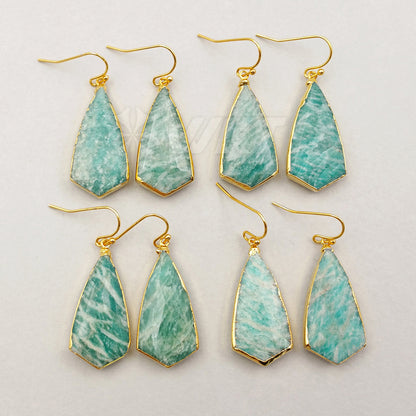 WT-E343 Wholesale New Arrival High Quality Earrings Natural Amazonit Stone Ocean Blue Natural Texture 15*30mm 24K Gold Plated