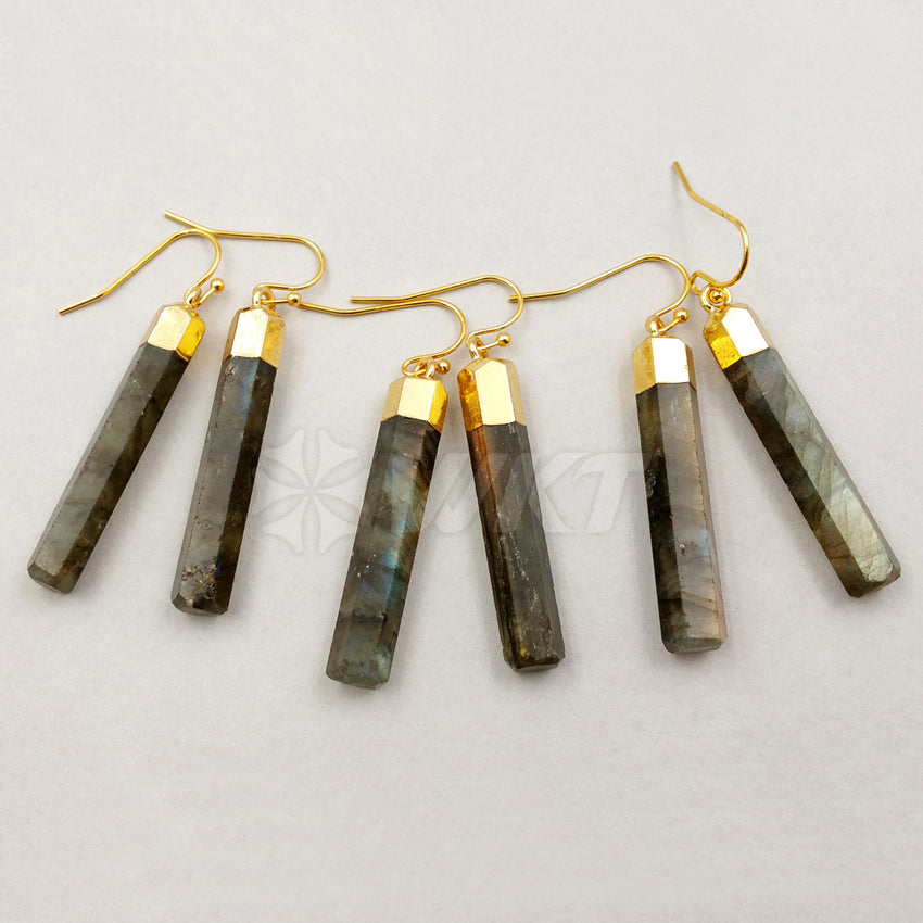 WT-E353 Wholesale Simple Stick Design Natural Labradorite Earrings, Raw Fashion Gold Terminated Stone Labradorite Earrings
