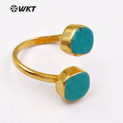 WT-R103 New! Fashion Design Double Turquoise Ring in 24k Real Gold Plated, Green Turquoise Stone Ring
