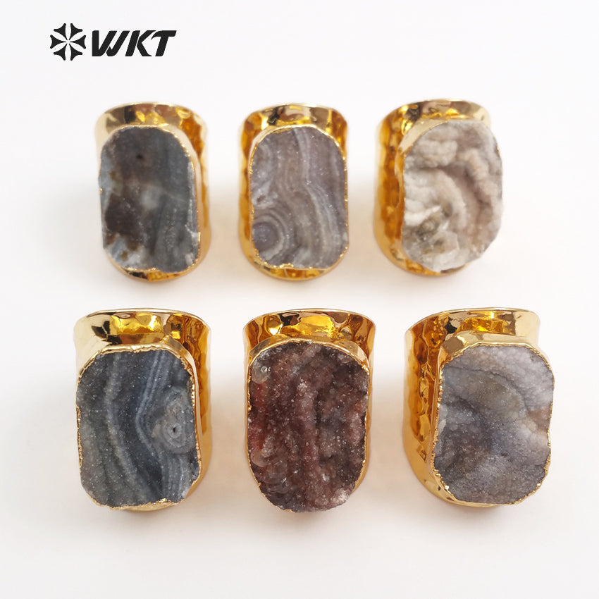 WT-R207 Wholesale Fashion Trendy Natural Druzy Stone Cigar Rings 24k Gold Electroplated Druzy Stone Rings