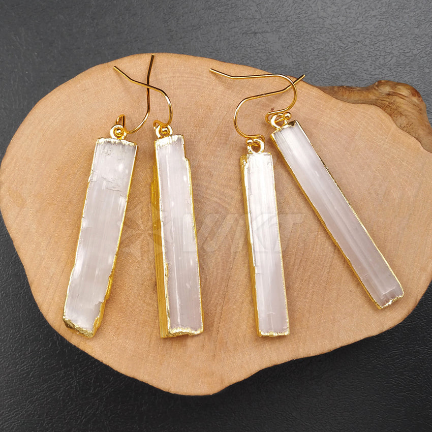 WT-E341 WholesaleTrendy Simple Design Natural Selenite bar Earrings Rectangular Shape Charm Generous Jewelry