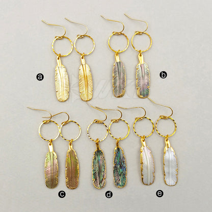WT-E375 WKT Wholesale New Fashion Style Genuine Abalone Shell Earrings Feather Shape Shell Dangle Earrings
