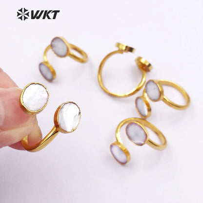 WT-R299 Exclusive Design Natural White Oval Shape Shell Rings, 18k Gold Electroplated Adjustable Double Shell Rings