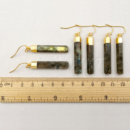 WT-E353 Wholesale Simple Stick Design Natural Labradorite Earrings, Raw Fashion Gold Terminated Stone Labradorite Earrings