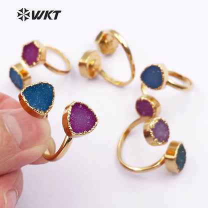 WT-R119 Adjustable Gold Stone Ring, Double Druzy Geode Ring, Druzy Jewelry Gold Plated Ring Two Stones Ring
