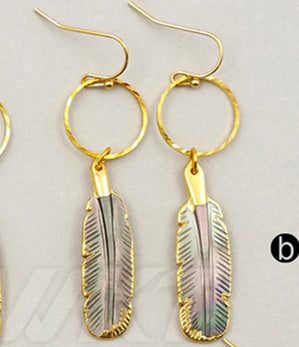 WT-E375 WKT Wholesale New Fashion Style Genuine Abalone Shell Earrings Feather Shape Shell Dangle Earrings