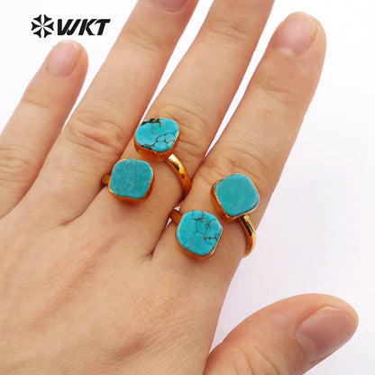 WT-R103 New! Fashion Design Double Turquoise Ring in 24k Real Gold Plated, Green Turquoise Stone Ring