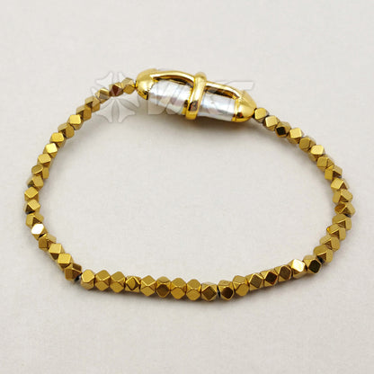 WT-B364 Wholesale Hot Sale Blingbling Hematite Beads Bracelet Natural Pearl With 24K Real Gold Cross Bracelet Generous Chic