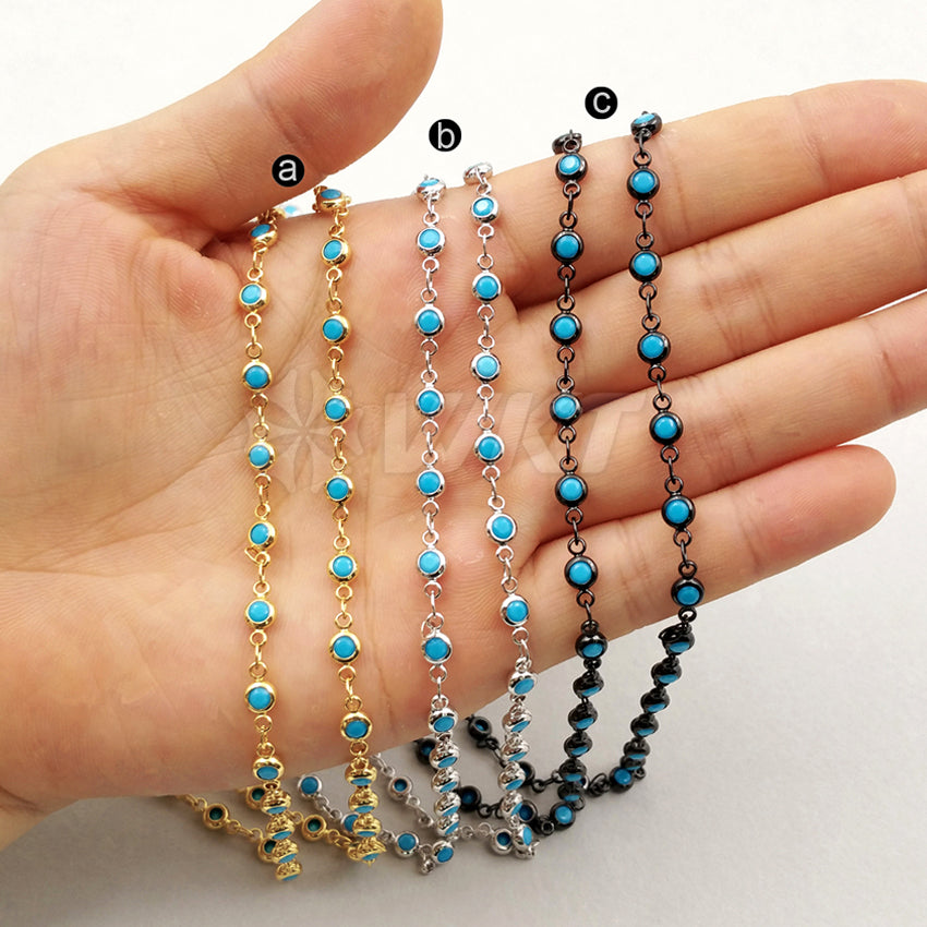 WT-BC104 Wholesale High Quality 24K Real Gold/Silver/Gun Black Plated Brass Chain With Generous Round Blue Stone for Fashion Girl