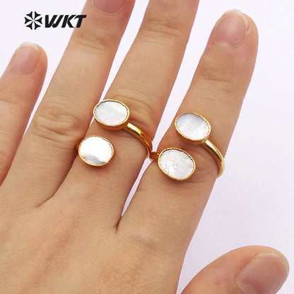 WT-R299 Exclusive Design Natural White Oval Shape Shell Rings, 18k Gold Electroplated Adjustable Double Shell Rings