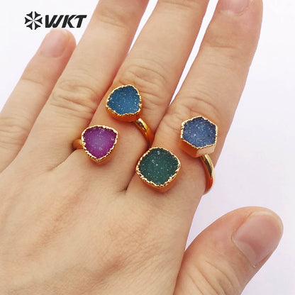 WT-R119 Adjustable Gold Stone Ring, Double Druzy Geode Ring, Druzy Jewelry Gold Plated Ring Two Stones Ring