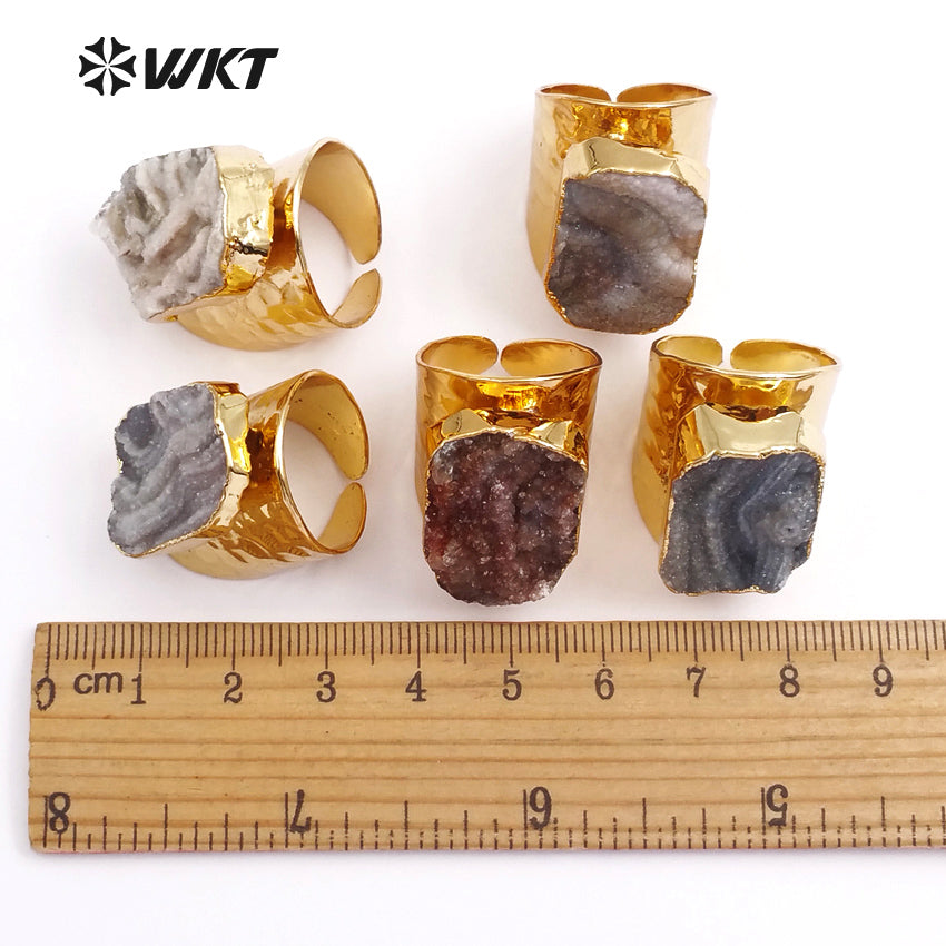 WT-R207 Wholesale Fashion Trendy Natural Druzy Stone Cigar Rings 24k Gold Electroplated Druzy Stone Rings