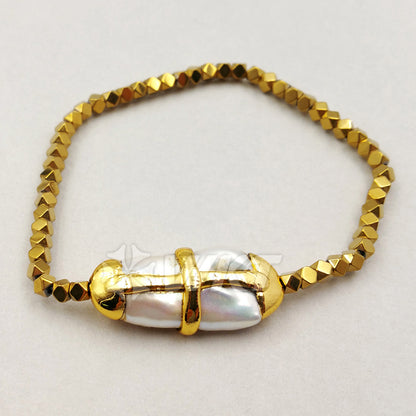 WT-B364 Wholesale Hot Sale Blingbling Hematite Beads Bracelet Natural Pearl With 24K Real Gold Cross Bracelet Generous Chic