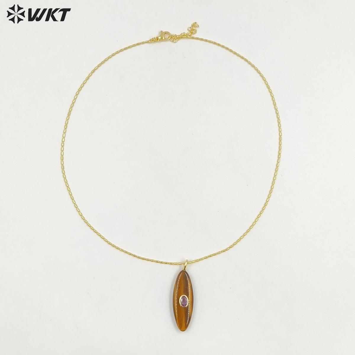 WT-N1509 High Quality Thin Chain Gold Electroplated Natural Gemstones With Zircon Long Oval Shape Pendant Necklaces As Lady Gift