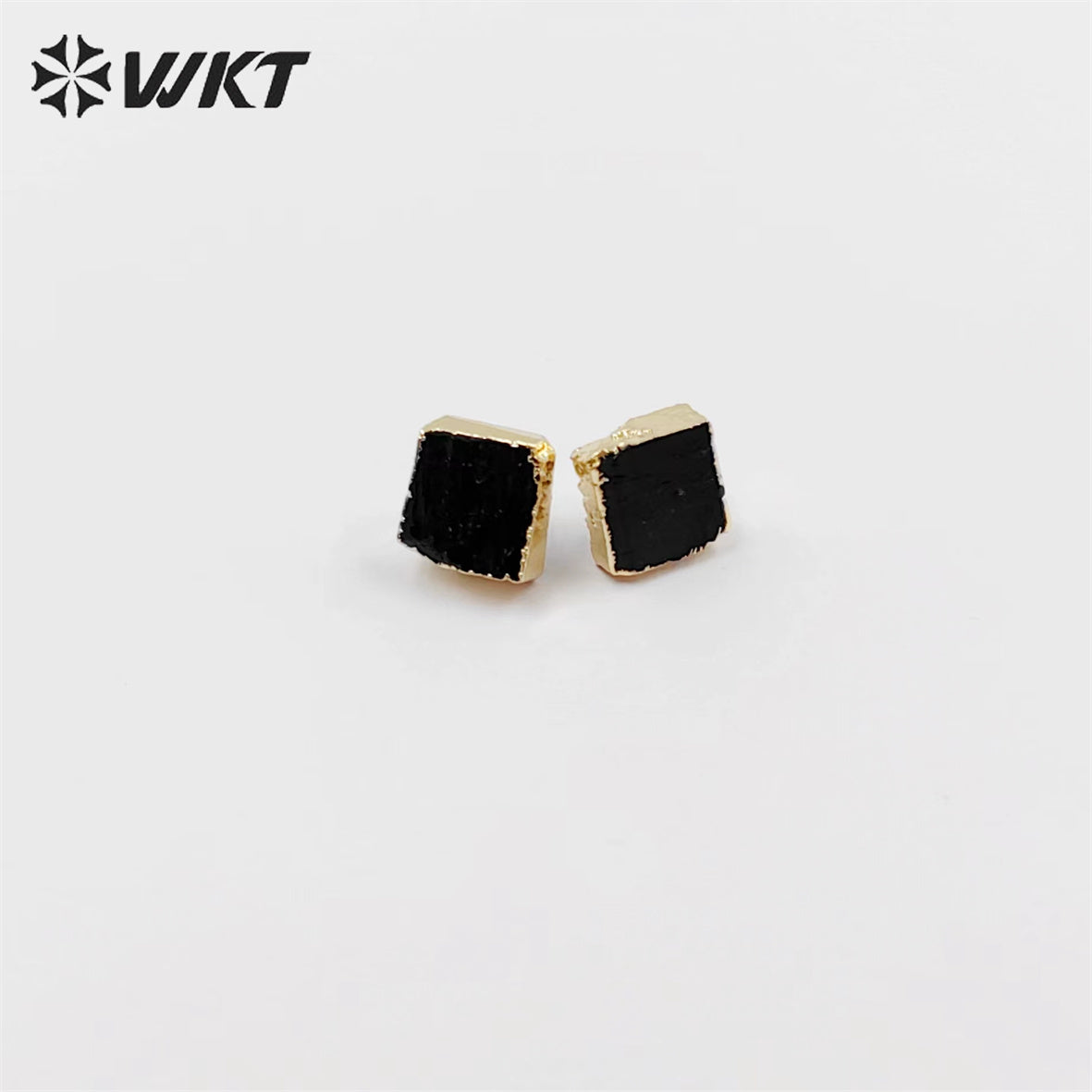 WKT-E701 WKT Newest Fashion 18k Gold Plated square Black Obsidian Studs 12mm Natural Raw Stone Studs for Women