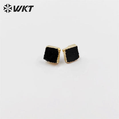 WKT-E701 WKT Newest Fashion 18k Gold Plated square Black Obsidian Studs 12mm Natural Raw Stone Studs for Women