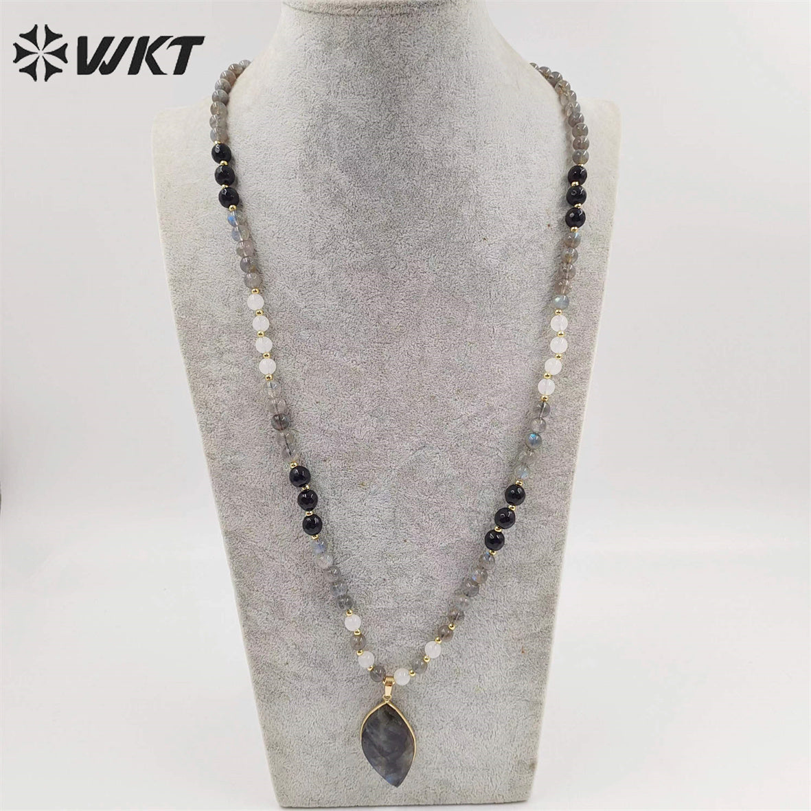 WT-N1417 New Handmade Long 6mm Round Beads Labradorite Pendant Necklace Women Trendy Shirt Chain Casual Boho Chain