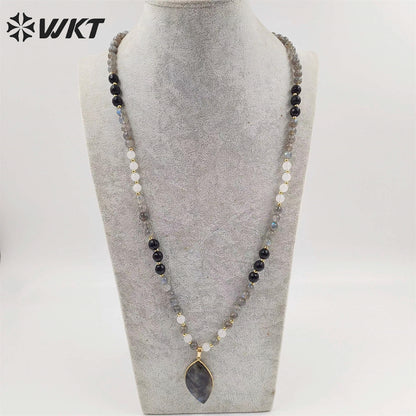WT-N1417 New Handmade Long 6mm Round Beads Labradorite Pendant Necklace Women Trendy Shirt Chain Casual Boho Chain