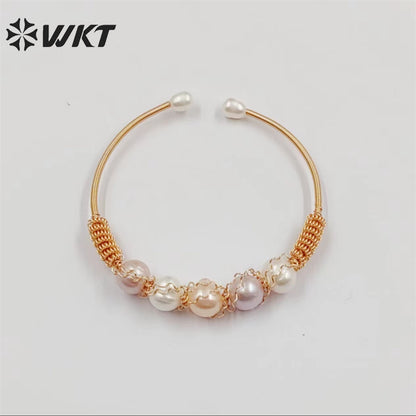 WT-MPB078 WKT 2022 Noble Heart Shape Shell Yellow Brass Bracelet Women Wedding Gift New Style Pearl Bracelet by Wire Wrapped