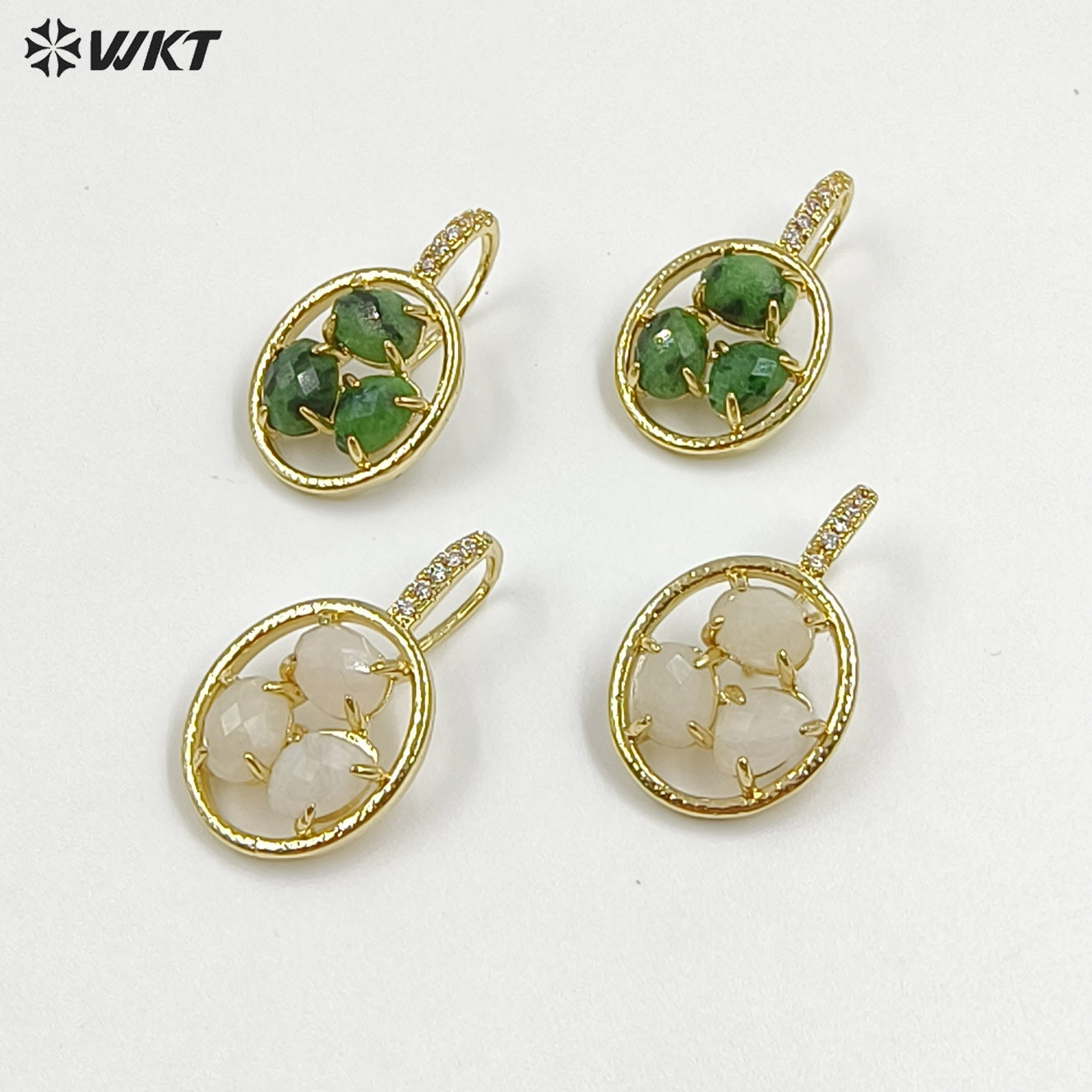 WT-E795 Delicate 18K Gold Plated Three Natural Gemstones With Zircon Hollow Round Earrings For Friend Birthday Gift Jewelry