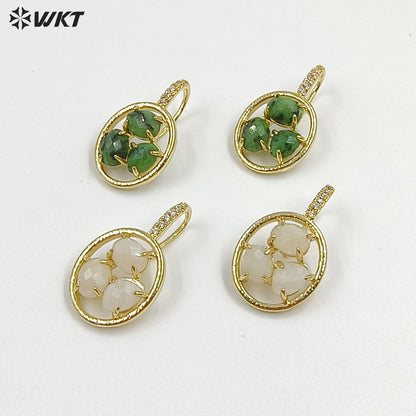 WT-E795 Delicate 18K Gold Plated Three Natural Gemstones With Zircon Hollow Round Earrings For Friend Birthday Gift Jewelry