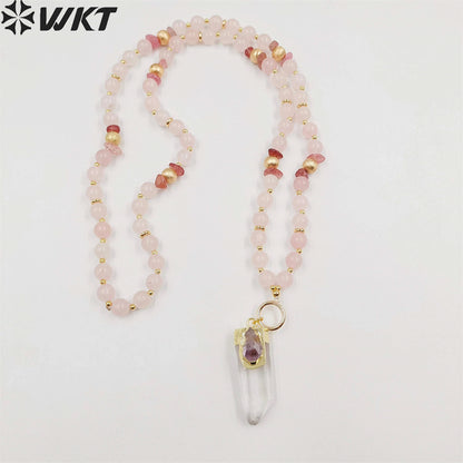 WT-N1411 WKT New Design Women Long Energy Pink Crystal Quartz Point Pendant Necklace Lucky Elegance Shirt Chain Necklace